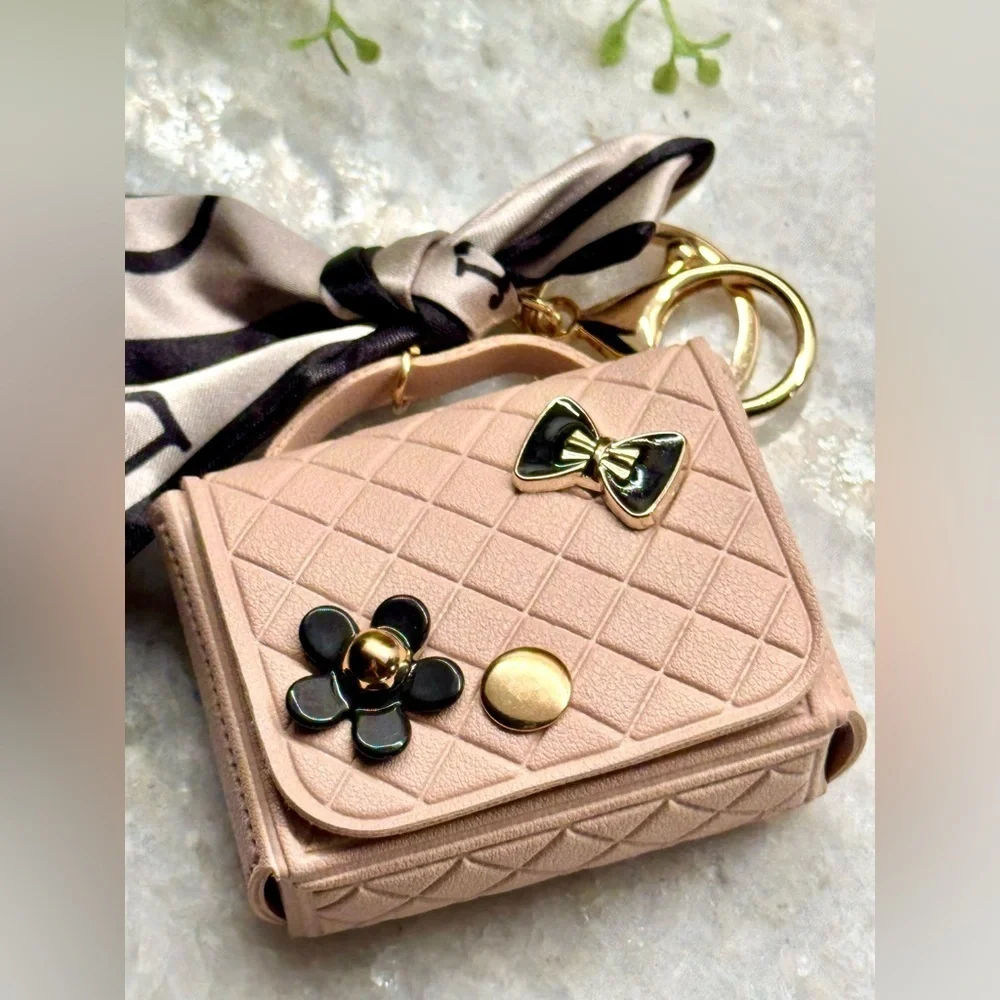 New Pink Diamond Texture Mini Bag Purse Charm Keychain w/ Scarf, Bow, Flower